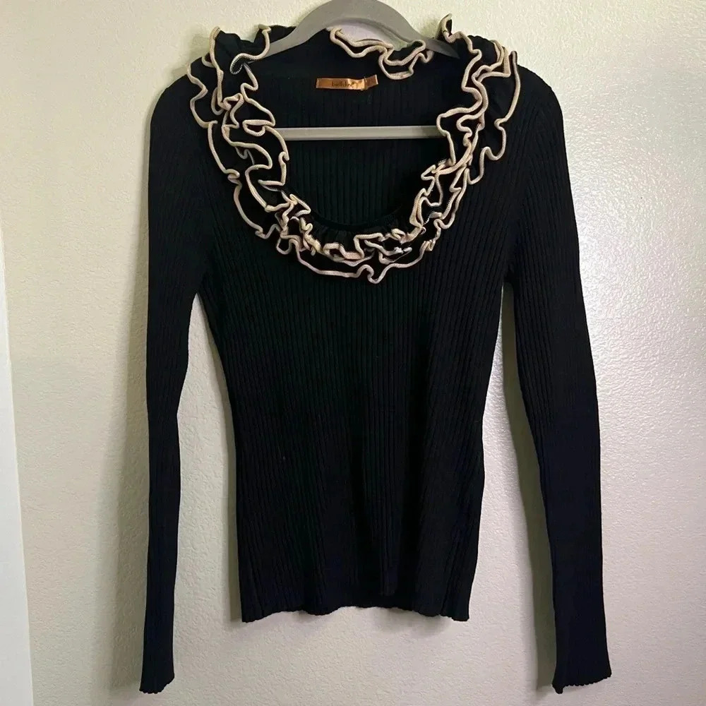Belldini ribbed knit ruffle neck black cream trim scoop neck long sleeve top Med
